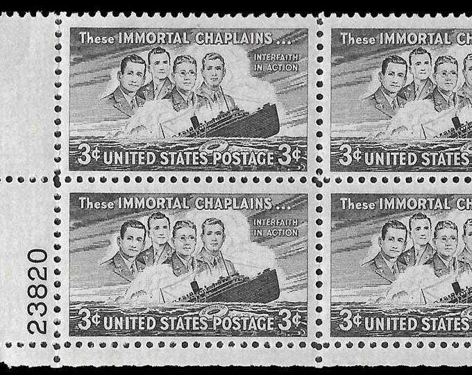 Four Chaplains Plate Block of Four 3-Cent United States Postage Stamps Issued 1948