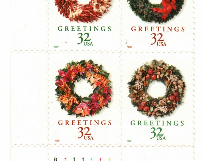 1998 Christmas Wreaths Plate Block of Four US 32-Cent Postage Stamps