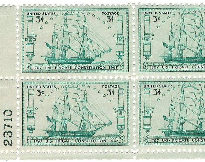 1947 US Frigate Constitution Plate Block of Four 3-Cent Postage Stamps Mint Never Hinged
