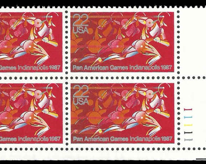 1987 Pan American Games Plate Block of Four 22-Cent Untied States Postage Stamps