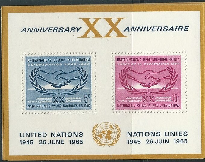 1965 Cooperation Year United Nations Souvenir Sheet of Two Postage Stamps Mint Never Hinged