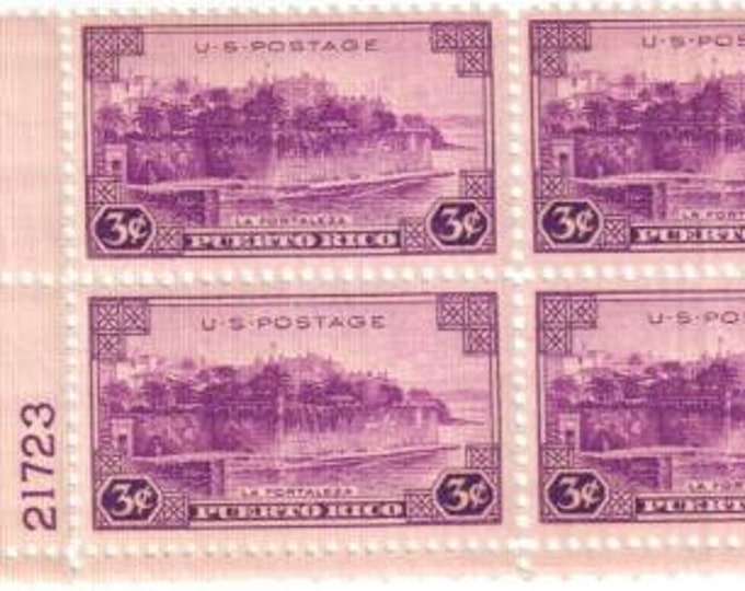 Puerto Rico La Fortaleza Plate Block of Four 3-Cent US Postage Stamps Issued 1937
