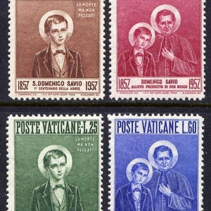 May include: Four Vatican postage stamps featuring portraits of Domenico Savio. The stamps are in shades of brown, red, green, and blue. Each stamp includes text in Italian, with the years 1857 and 1957.