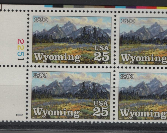 Wyoming Statehood Plate Block of Four 25-Cent United States Postage Stamps Issued 1990