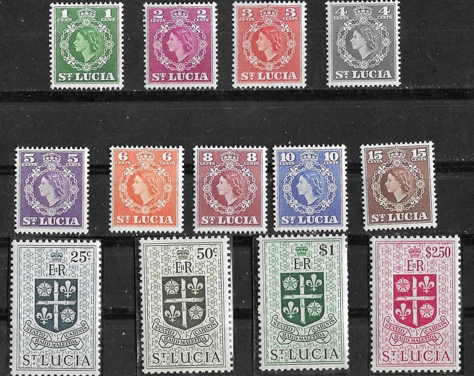 Queen Elizabeth II Set of Thirteen St Lucia Postage Stamps Issued 1954