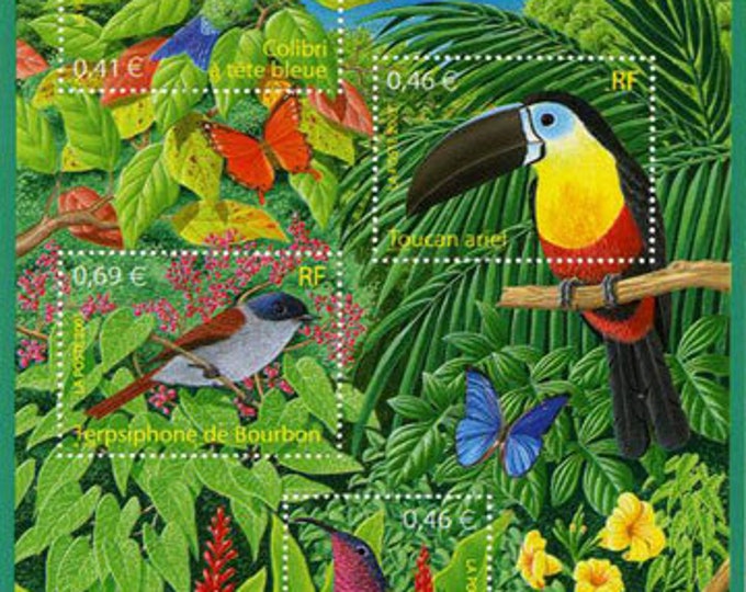 Tropical Birds Souvenir Sheet of Four France Postage Stamps Issued 2003