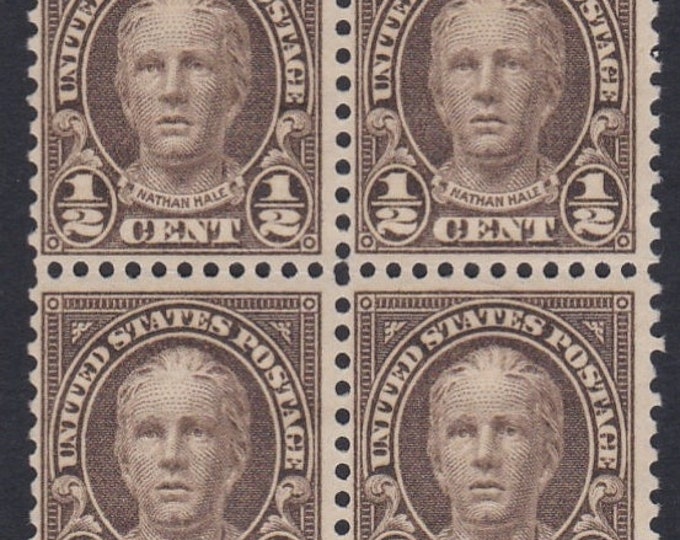 1929 Nathan Hale Block of Four Half-Cent USA Postage Stamps Mint Never Hinged