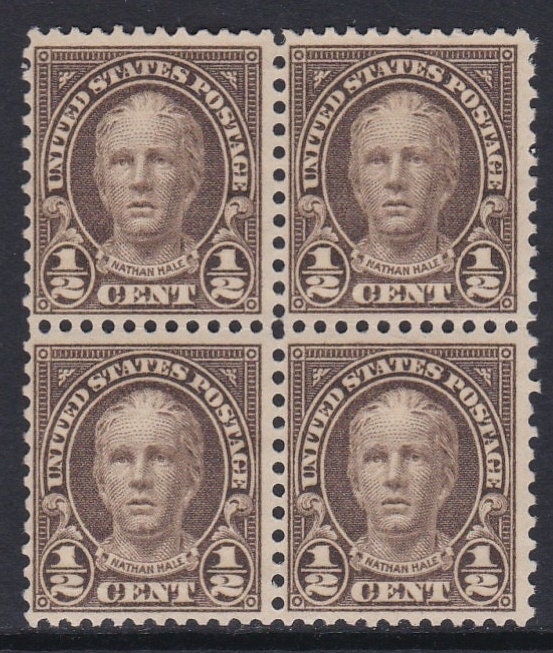 1929 Nathan Hale Block of Four HalfCent USA Postage Stamps Mint Never Hinged
