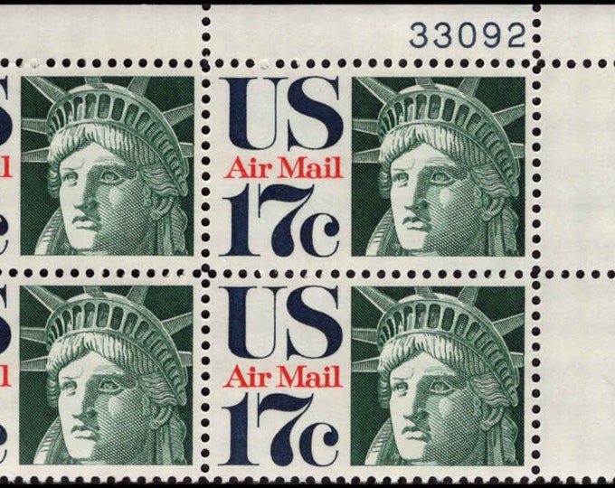 Statue of Liberty Plate Block of Four 17-Cent United States Air Mail Postage Stamps Issued 1971