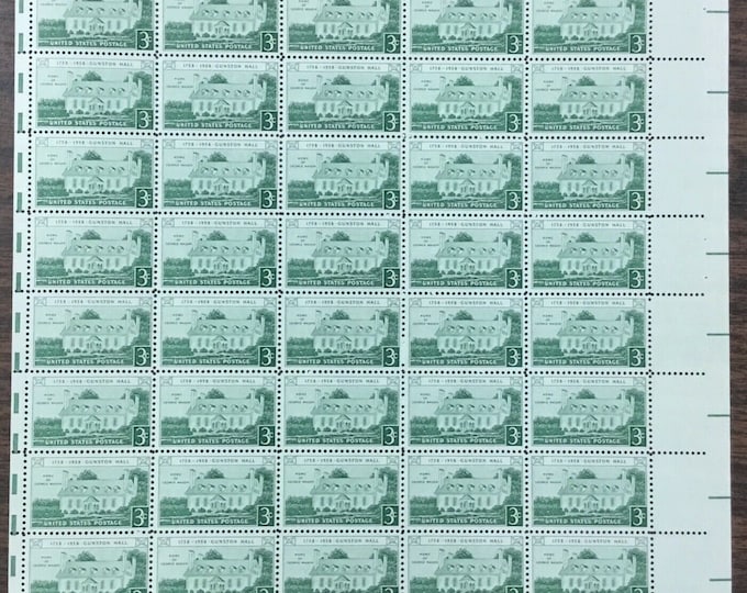 Gunston Hall Sheet of Fifty 3-Cent United States Postage Stamps Issued 1958