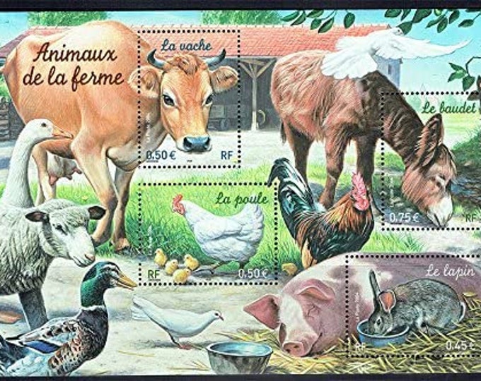 French Farm Animals Souvenir Sheet of Four France Postage Stamps Issued 2004