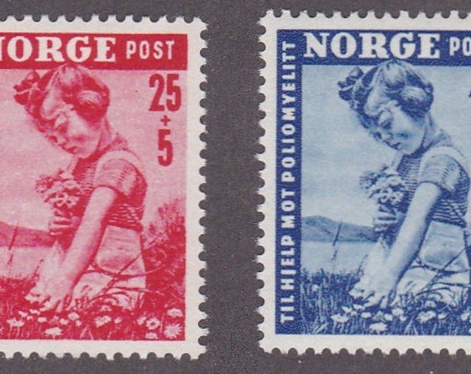 Girl Picking Flowers Set of Two Norway Postage Stamps Issued 1950