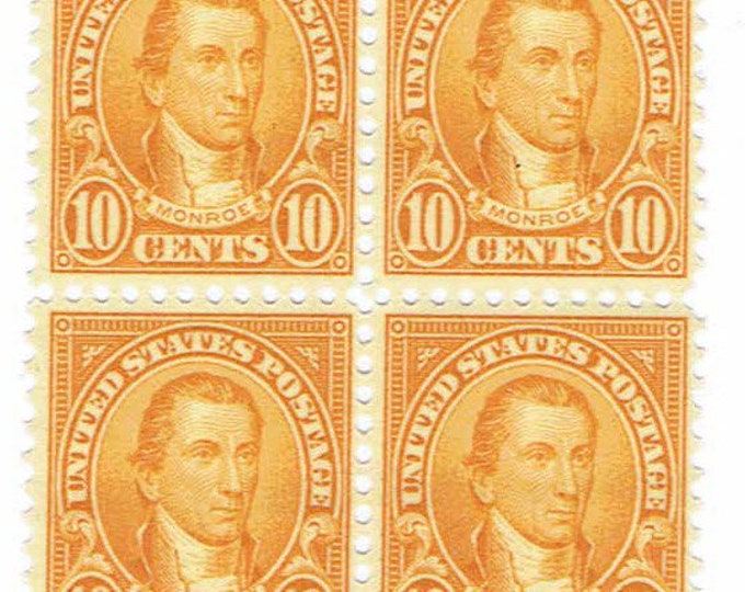 1927 James Monroe Block of Four US 10-Cent Postage Stamps Mint Never Hinged