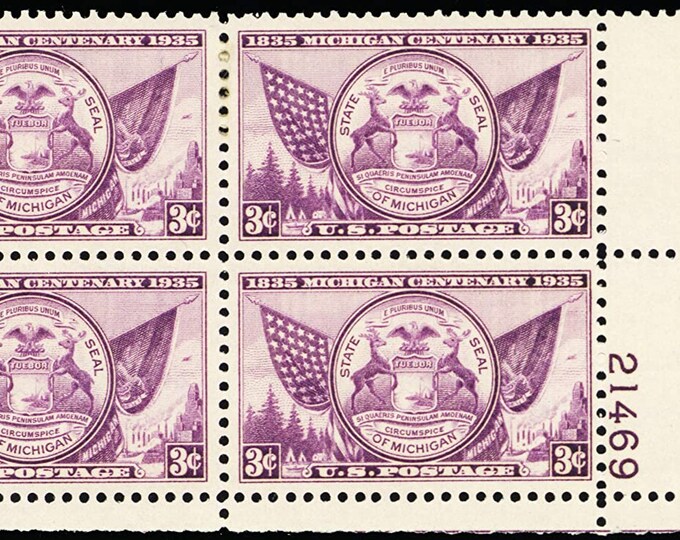 Michigan Centenary Plate Block of Four 3-Cent United States Postage Stamps Issued 1935