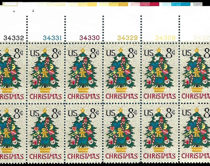 1973 Needlepoint Christmas Tree Plate Block of Twelve 8-Cent US Postage Stamps Mint Never Hinged