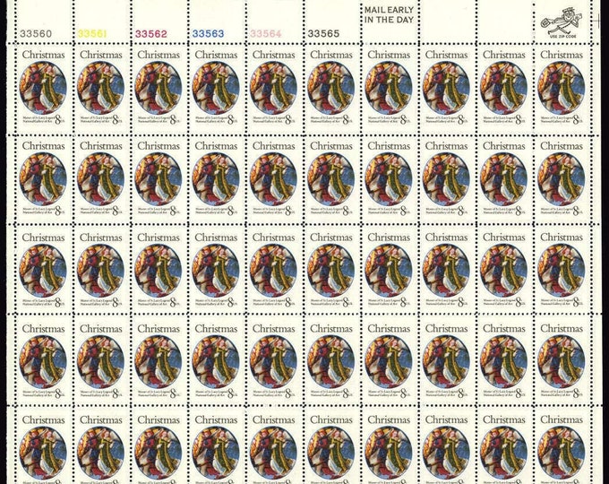 1972 Mary Queen of Heaven Sheet of Fifty 8-Cent US Christmas Postage Stamps Issued 1972