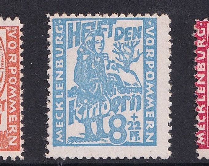 1945 Child Welfare Set of 3 Postage Stamps From Soviet-Occupied Mecklenburg-Vorpommern Germany Mint Never Hinged