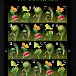 May include: A sheet of postage stamps featuring various carnivorous plants, including Venus Flytraps, Cobra Lilies, and Yellow Trumpets. Each stamp displays the text "USA 34". The sheet is black with the title "Carnivorous Plants" in green.
