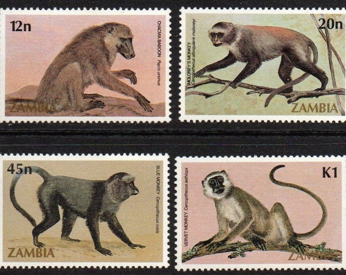 Primates Set of Four Zambia Postage Stamps Issued 1985