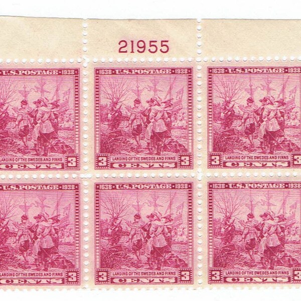 Landing of Swedes and Finns Plate Block of Six 3-Cent US Postage Stamps Issued 1938