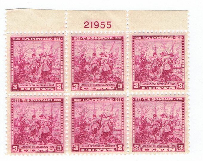 1938 Landing of Swedes and Finns Plate Block of Six 3-Cent US Postage Stamps Mint Never Hinged