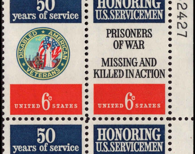 1970 Disabled American Veterans and Servicemen POW MIA Plate Block of Four 6-Cent US Postage Stamps Mint Never Hinged