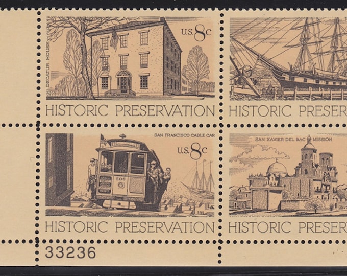 Historic Preservation Plate Block of Four 8-Cent United States Postage Stamps Issued 1971