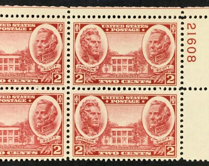 Jackson and Scott Plate Block of Four 2-Cent United States Postage Stamps Issued 1937
