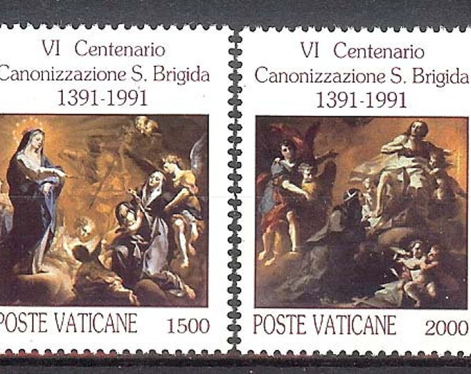 Saint Bridget Set of Two Vatican City Postage Stamps Issued 1991