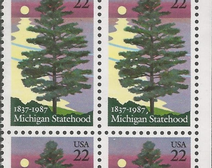 1987 Michigan Statehood Plate Block of Four 22-Cent US Postage Stamps Mint Never Hinged