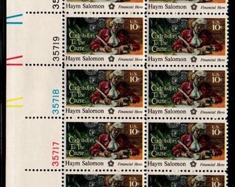 Haym Salomon Plate Block of Ten 10-Cent USA Postage Stamps Issued 1975