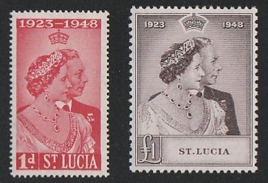 King George VI and Queen Elizabeth Silver Wedding Anniversary Issue Set of  Two St Lucia Postage Stamps Issued 1948