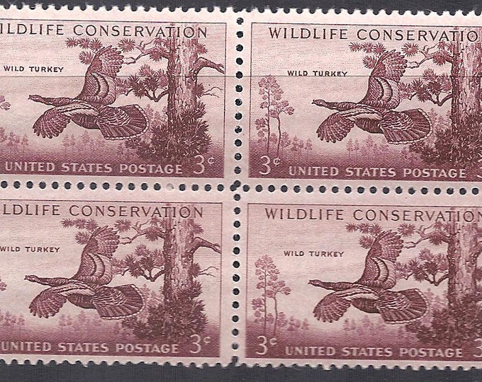 1956 Wild Turkey Wildlife Conservation Block of Four 3-Cent United States Postage Stamps