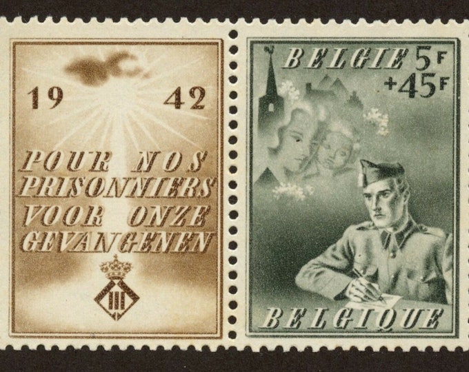 WWII Prisoners of War Belgium Postage Stamp With Label Issued 1942