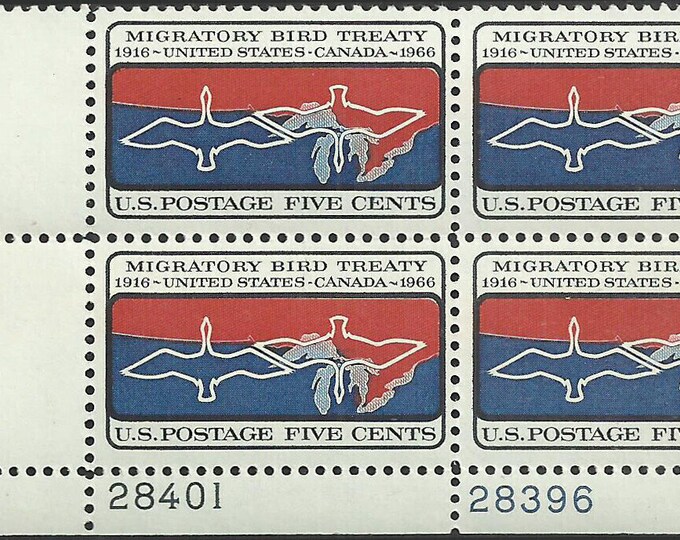 Migratory Birds Plate Block of Four 5-Cent United States Postage Stamps Issued 1966