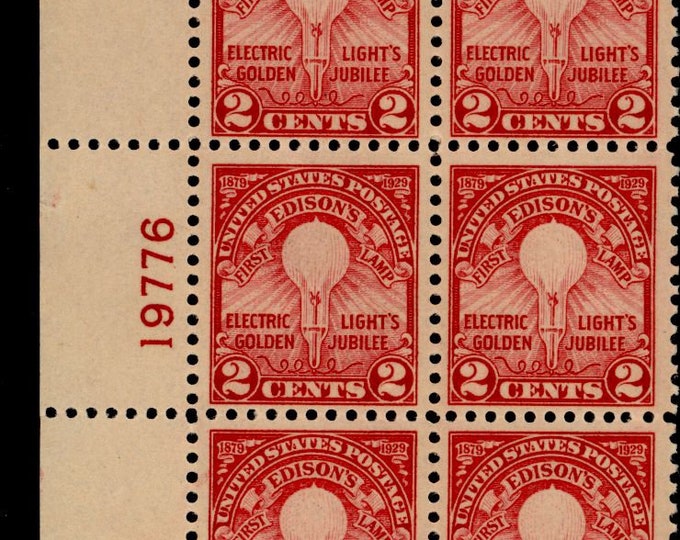 1929 Thomas Edison Light Bulb Plate Block of Six 2-Cent US Postage Stamps Mint Never Hinged