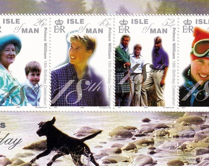 2000 Prince William's 18th Birthday Isle of Man Souvenir Sheet of Five Postage Stamps Mint Never Hinged