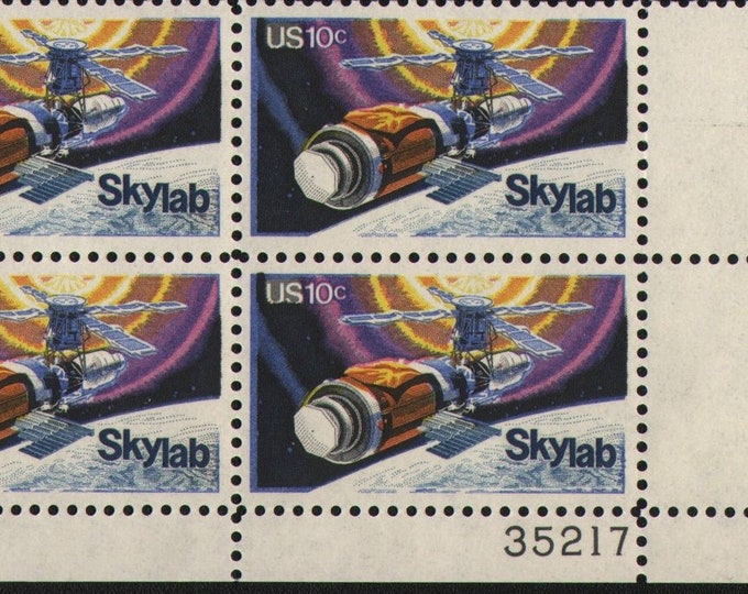 Skylab Plate Block of Four 10-Cent United States Postage Stamps Issued 1974