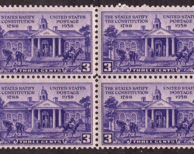 Constitution Ratification Block of Four 3-Cent United States Postage Stamps Issued 1938