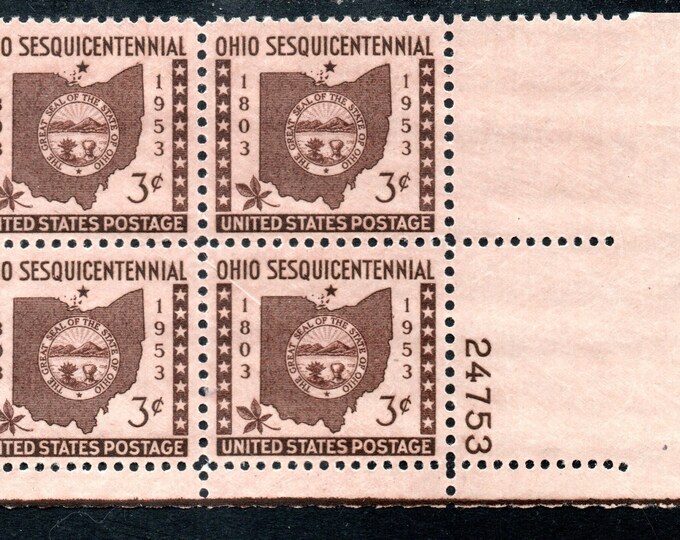 1953 Ohio Statehood Sesquicentennial Plate Block of Four 3-Cent US Postage Stamps Mint Never Hinged