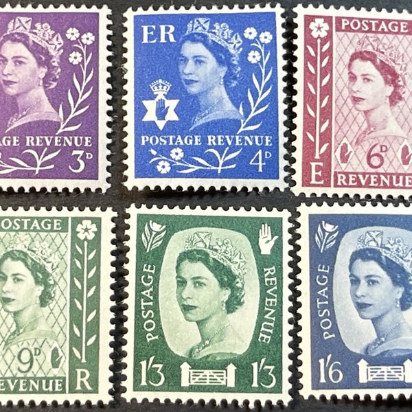 Queen Elizabeth II Set of Six Northern Ireland Regional Issue Postage Stamps Issued 1958 to 1967