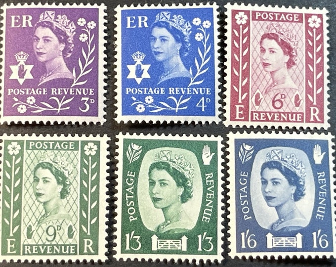 Queen Elizabeth II Set of Six Northern Ireland Regional Issue Postage Stamps Issued 1958 to 1967