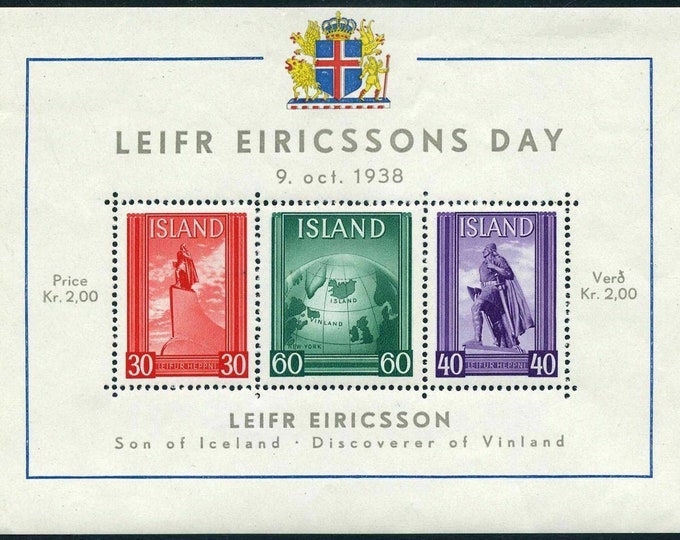 1938 Leif Eriksson Day Iceland Souvenir Sheet of Three Postage Stamps Mint Never Hinged