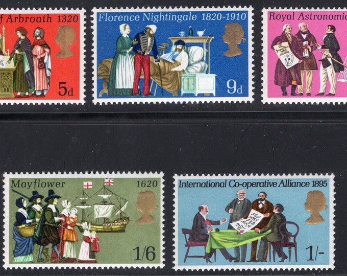 1970 Great Britain Set of 5 Postage Stamps Anniversaries Mayflower Florence Nightingale Mint Never Hinged