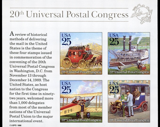 Mail Transportation Souvenir Sheet of Four 25-Cent United States Postage Stamps