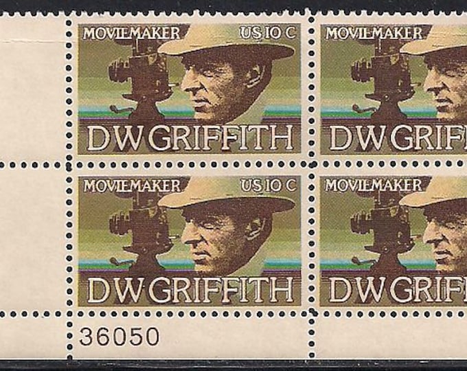 1975 D W Griffith Moviemaker Plate Block of Four 10-Cent United States Postage Stamps Issued 1975