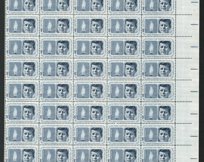 1964 John F Kennedy Memorial Sheet of Fifty US 5-Cent Postage Stamps Mint Never Hinged