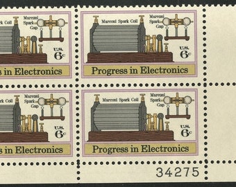 Marconi Spark Coil Plate Block of Four 6-Cent United States Postage Stamps Issued 1973