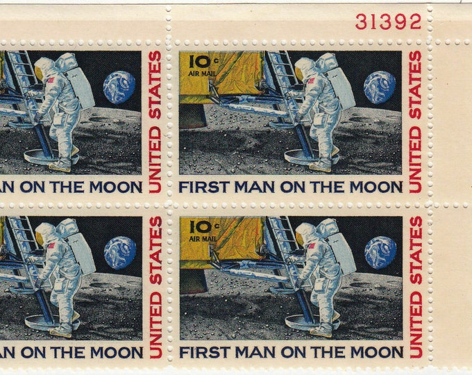 1969 Moon Landing Plate Block of Four 10-Cent United States Air Mail Postage Stamps