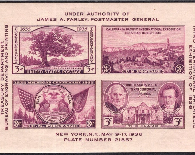 Philatelic Exposition Souvenir Sheet of Four United States Postage Stamps Issued 1936